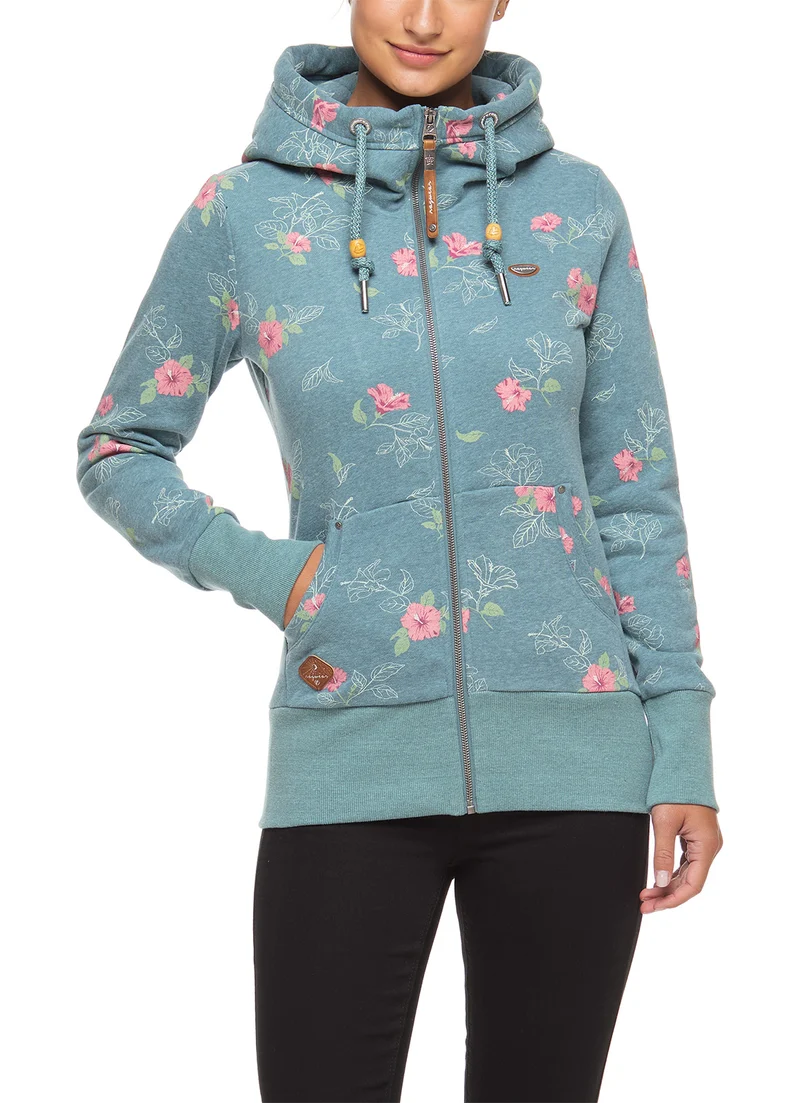 Vegan blauw damesvest | Ragwear sweatshirt neska flowers zip aqua