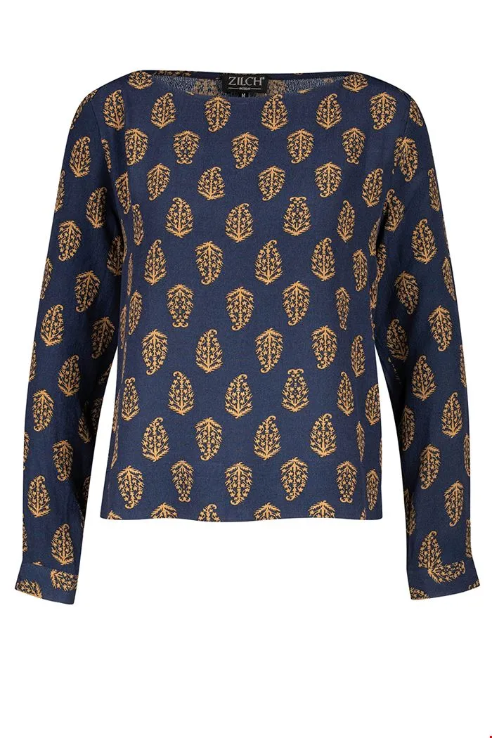 Donkerblauwe top van viscose | Zilch top boatneck paisley navy