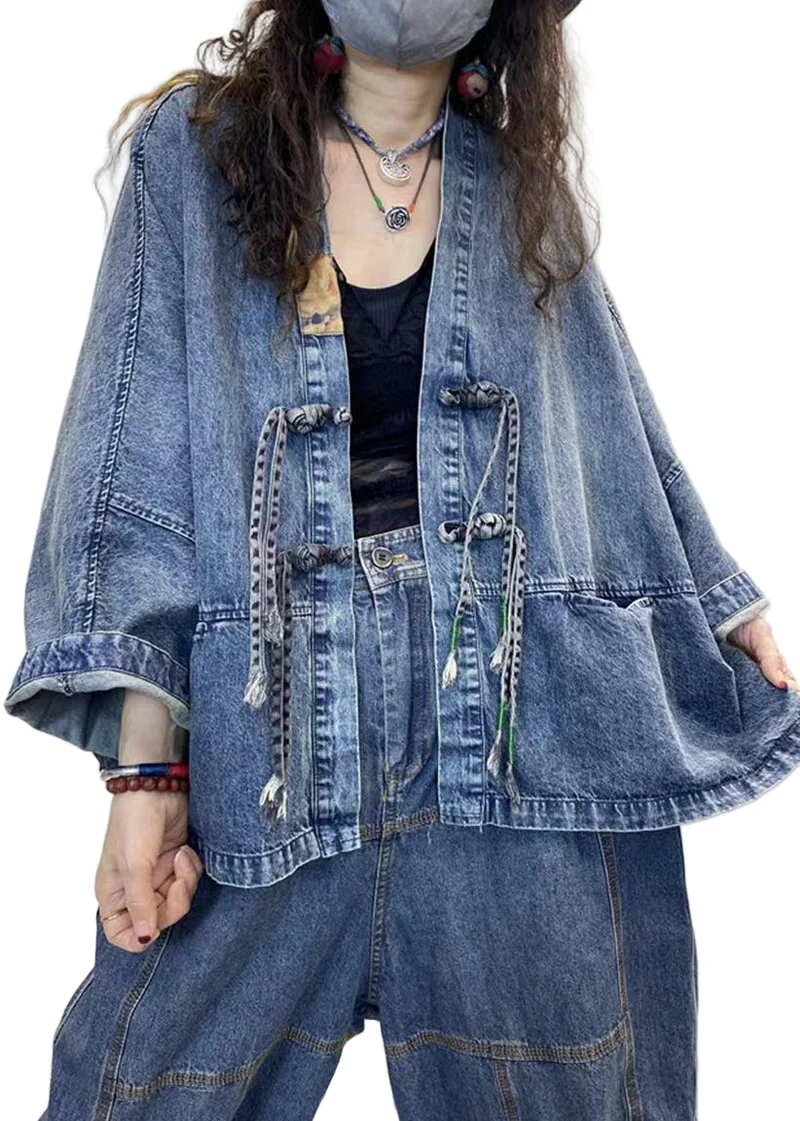 Dames Denim Jas Met V-hals En Lange Mouwen