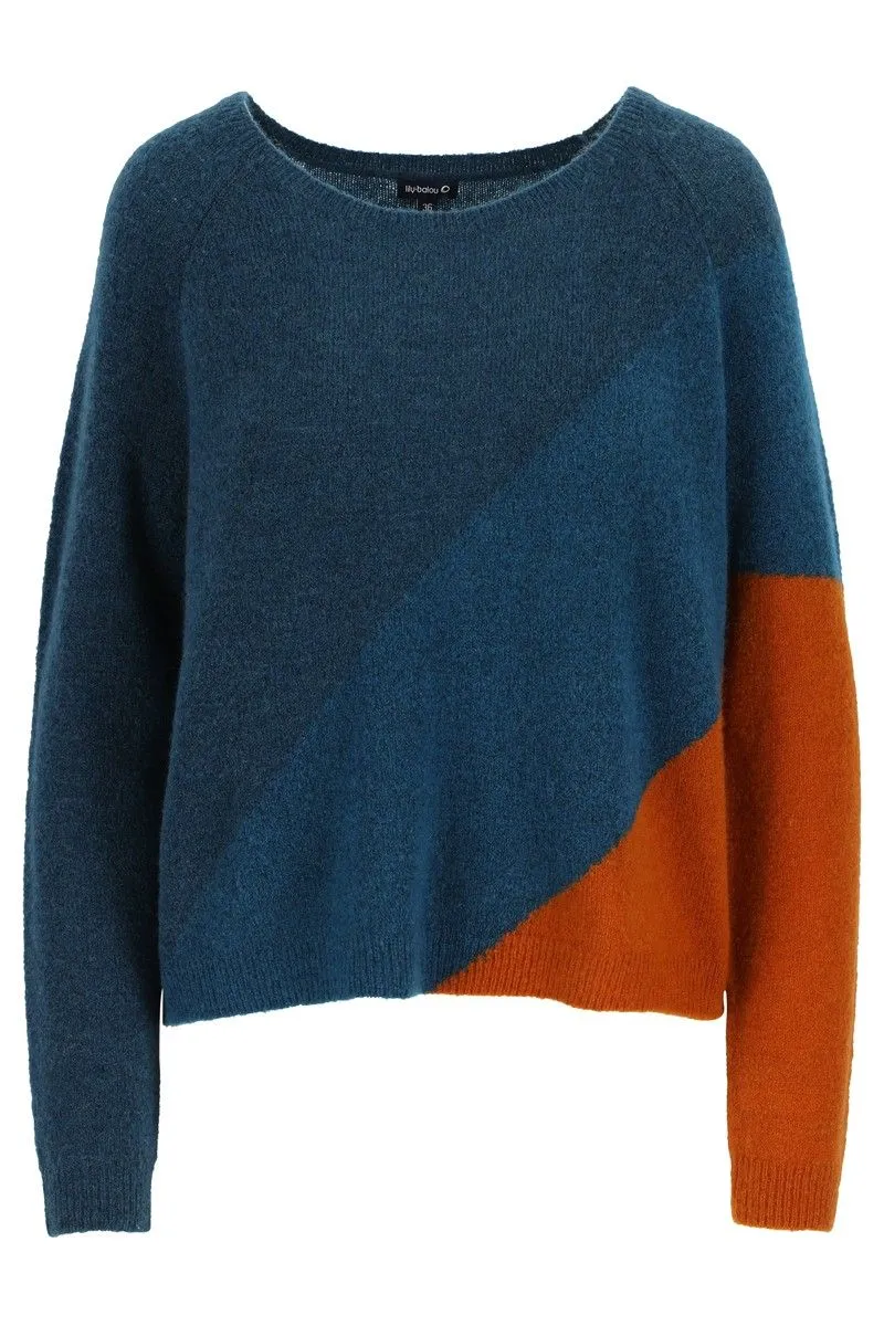 Colourblock trui in blauw en oranje | Lily Balou Luda colourblock jumper dark petrol