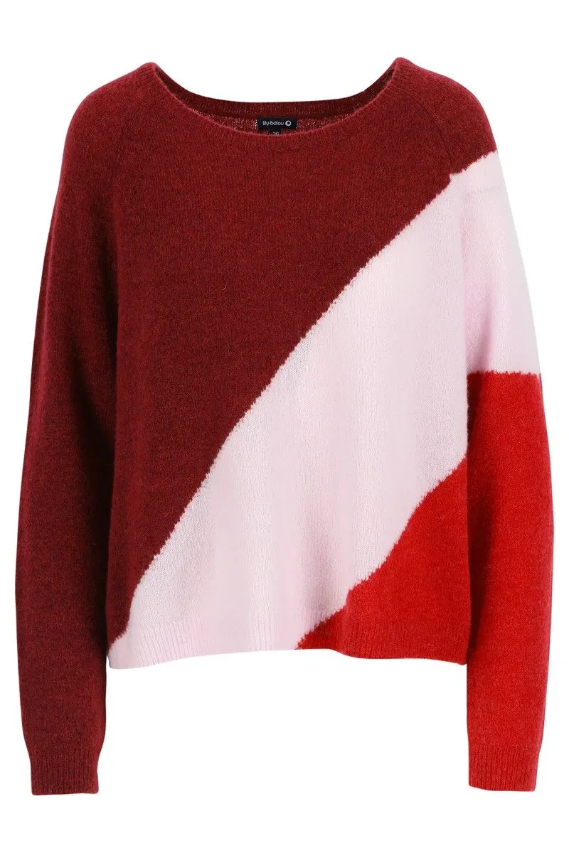 Colourblock trui in roodtinten | Lily Balou Luda colourblock jumper burgundy