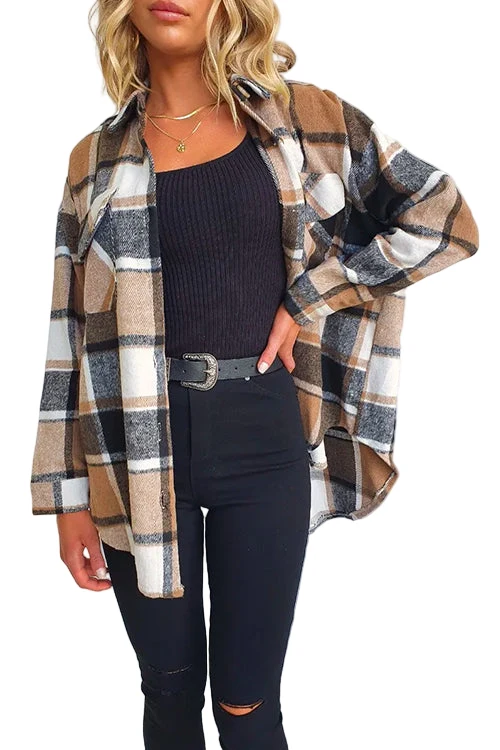 Dames Geruite Shacket Jas met Revers en Knoopzakken
