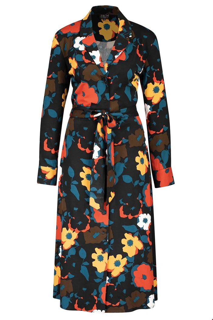 Jurk met grote bloemenprint | Zilch dress buttons bouquet petrol