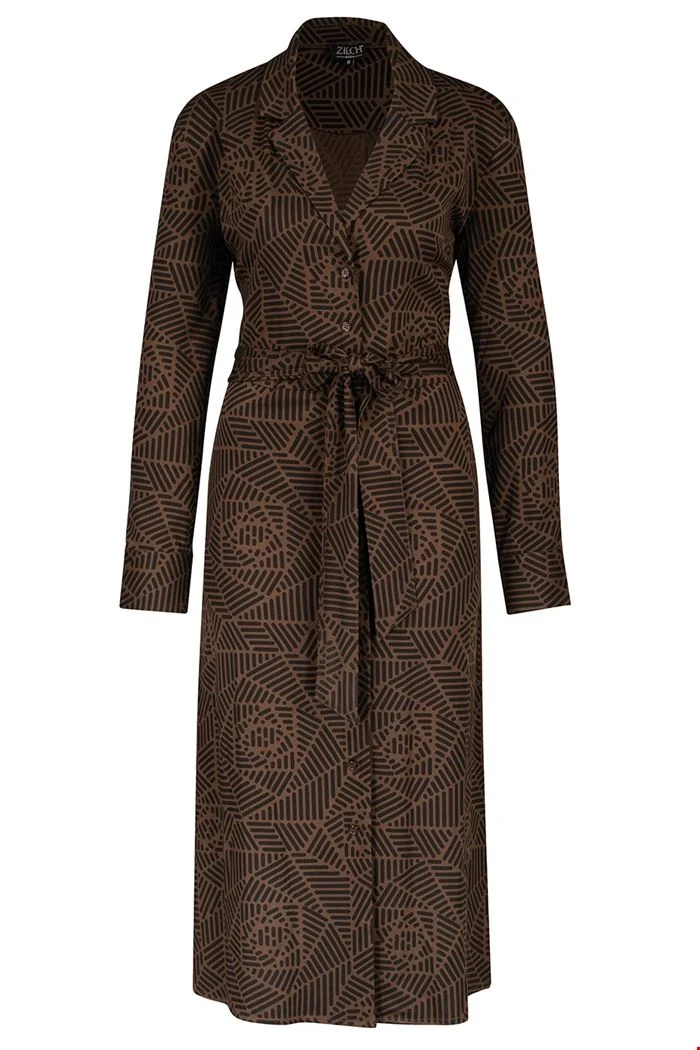 Jurk met kastanjebruine print | Zilch dress buttons rosette marron