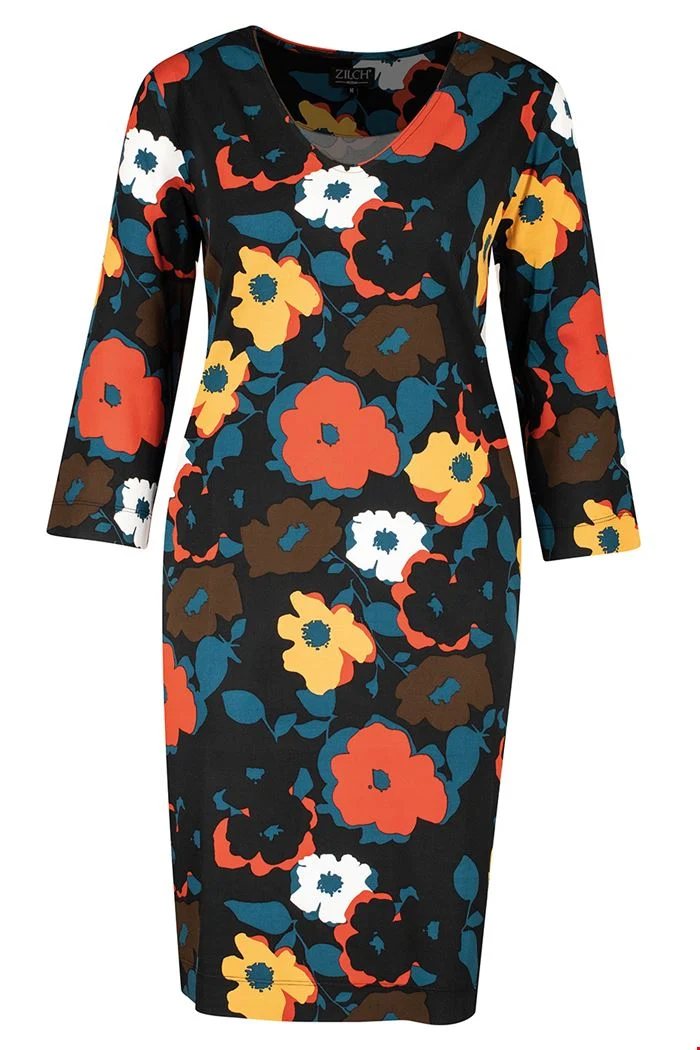 Jurk met bloemenprint | Zilch dress v-neck bouquet petrol