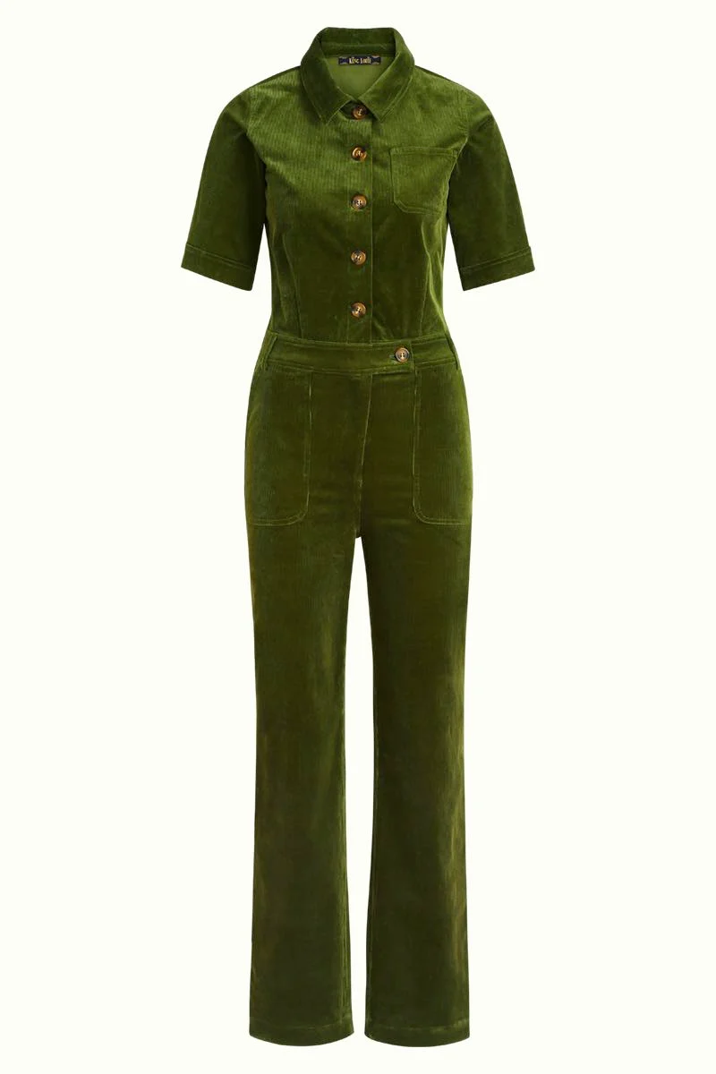 Groene jumpsuit met korte mouw | King Louie garbo button jumpsuit corduroy olive green