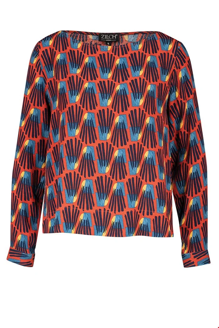 Oranje top met print | Zilch top boatneck shuttle brick
