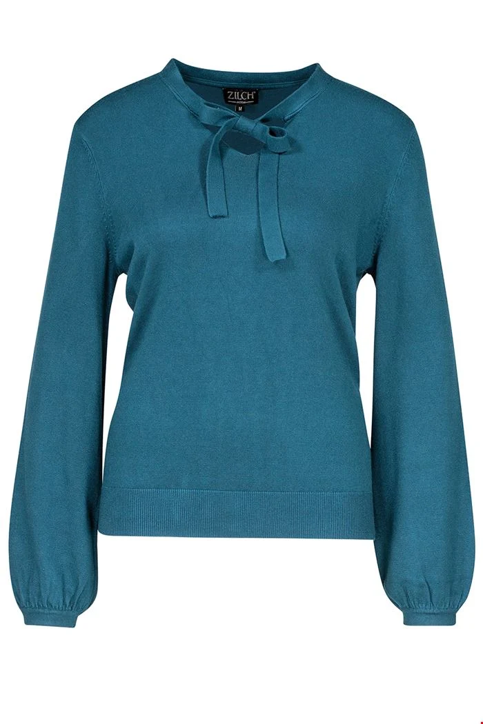 Blauwe trui met strikhals | Zilch sweater ribbon petrol