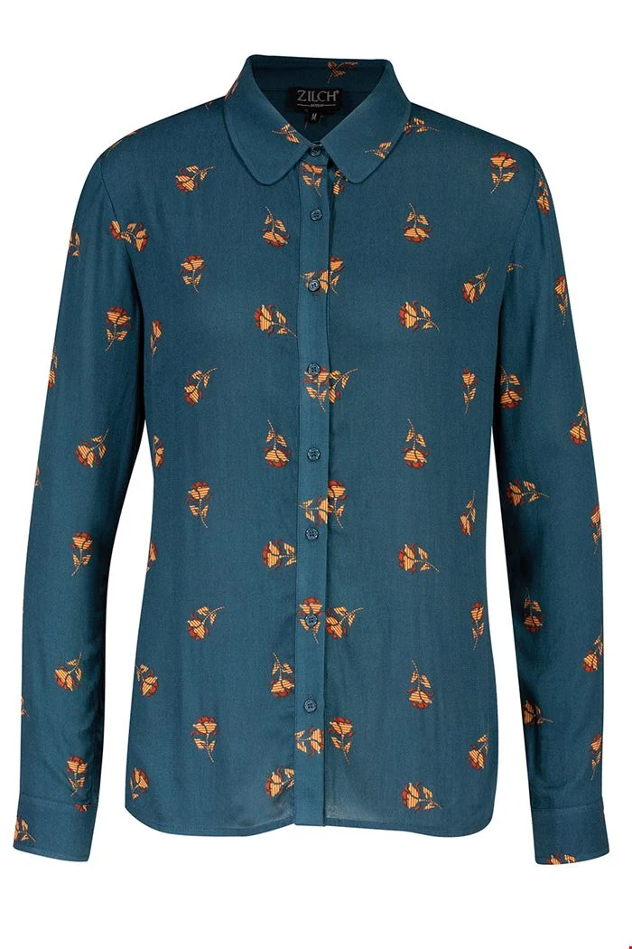 Comfortabele blauwe blouse | Zilch blouse roses petrol