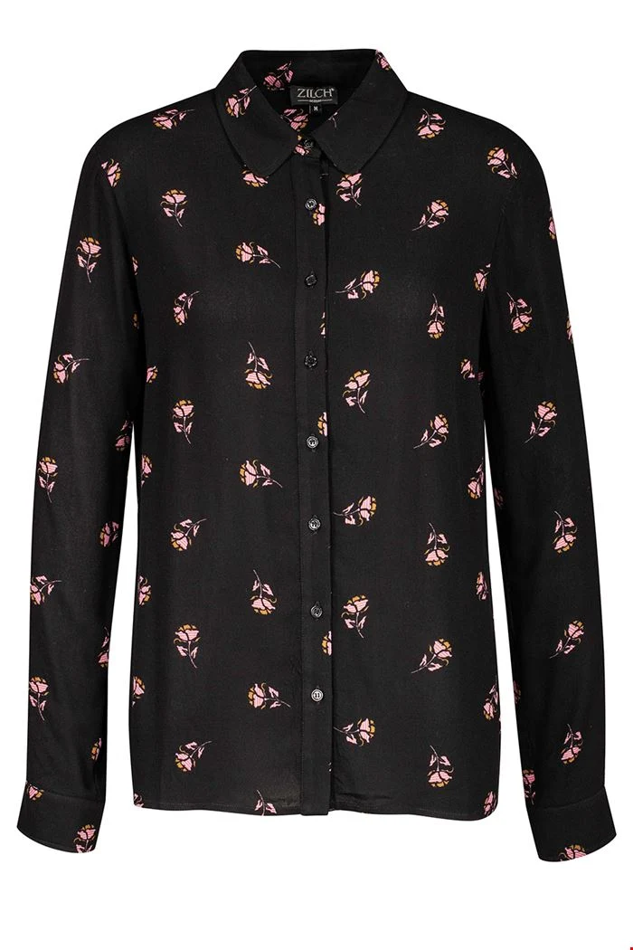 Zwarte blouse van zachte rayon | Zilch blouse roses black