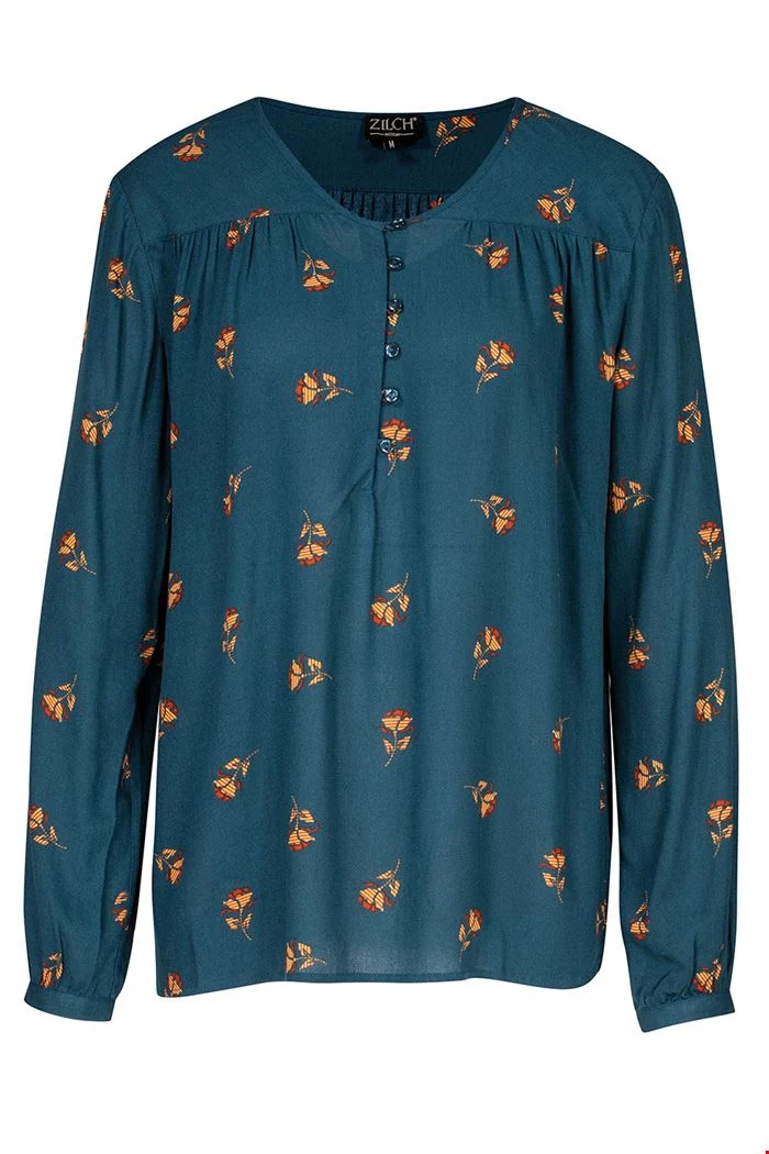 Blauwe top van zachte rayon | Zilch top buttons roses petrol
