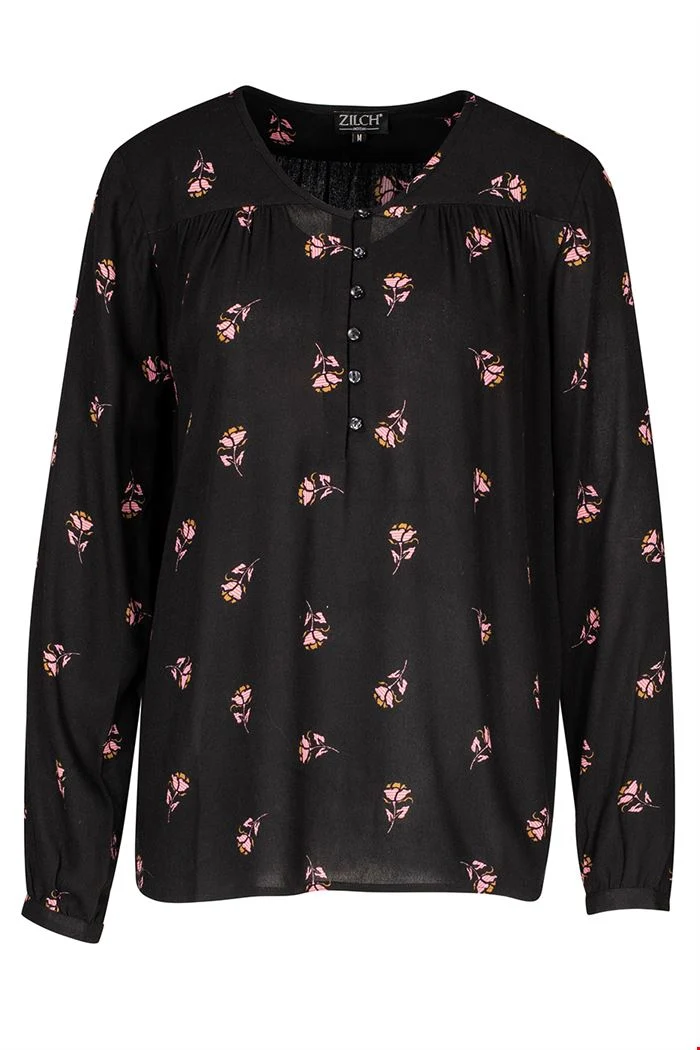 Zwarte top met rozenprint | Zilch top buttons roses black