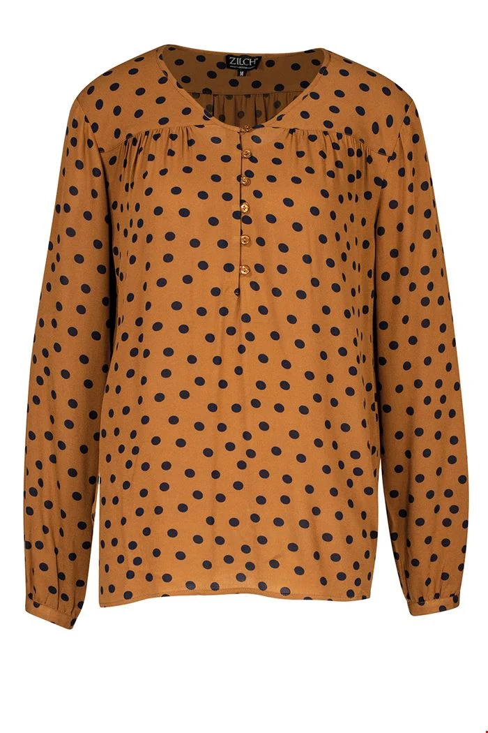 Bruine top van rayon | Zilch top buttons pokadot cinnamon