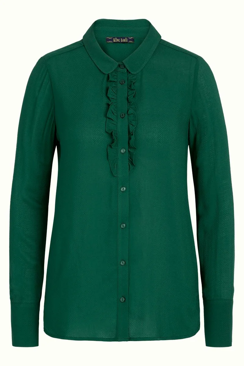 Groene blouse met ruches | King Louie Caro blouse uni dobby peacock green