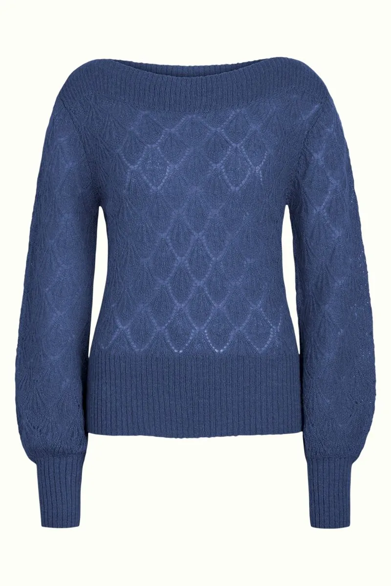 Blauwe trui met boothals | King Louie Erin bellsleeve top pallazzone bluestone blue