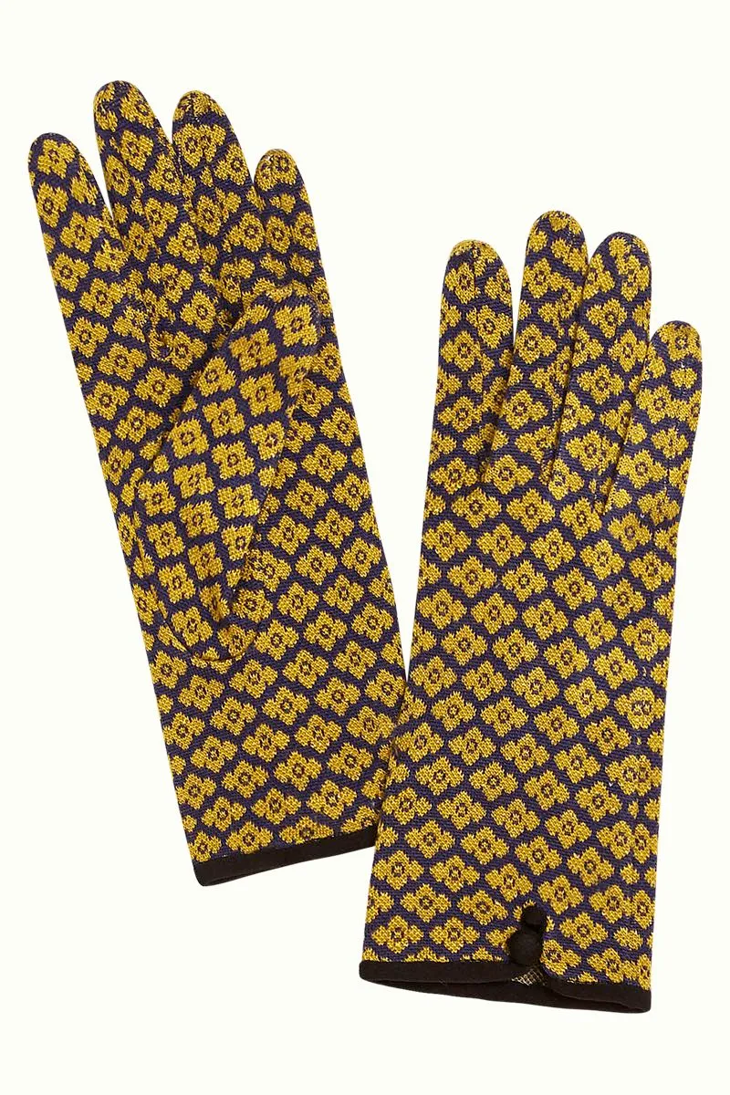Blauw met gele print handschoen | King Louie glove Lunna peacoat blue