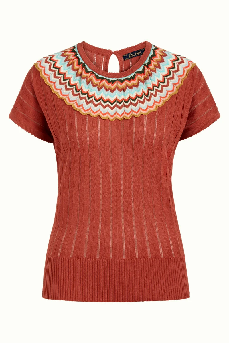 Top met kleurrijke ronde halslijn | King Louie Yoke top picadillo brunette brown