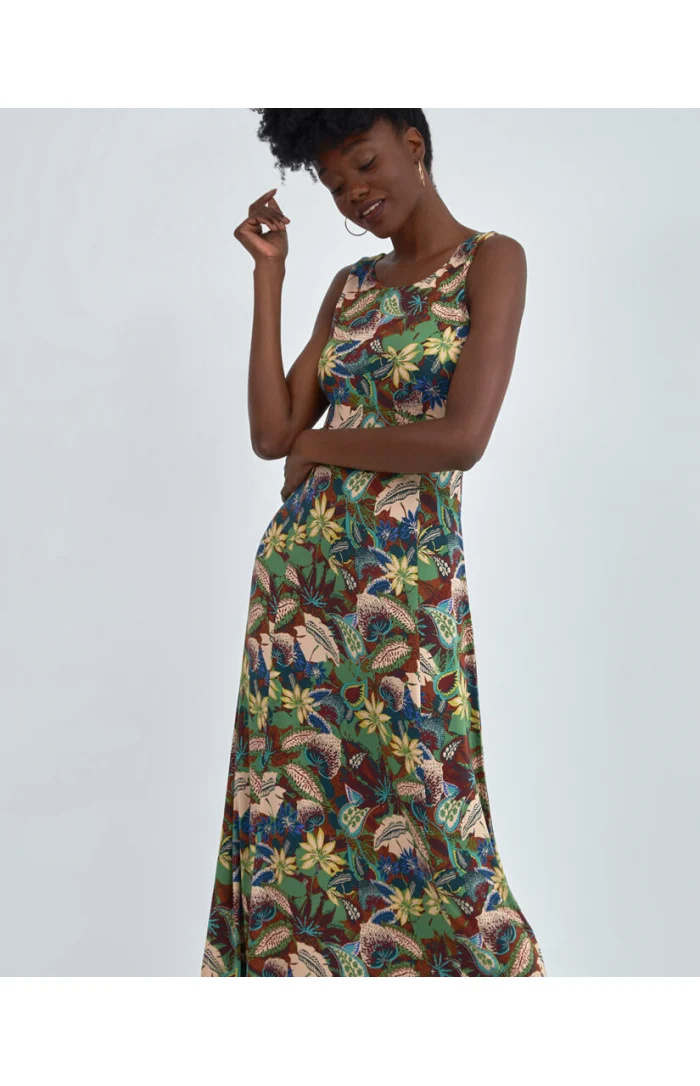 Mouwloze jurk met bloemenprint | Surkana long flared dress with wide straps green