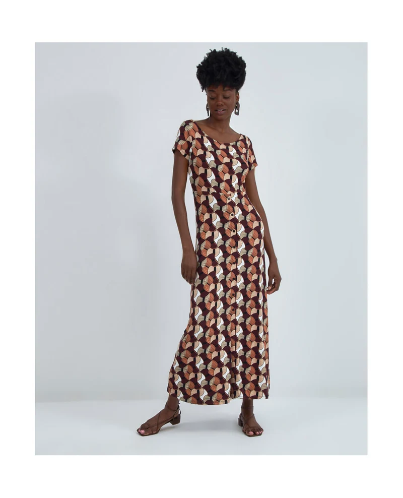 Bruine lange jurk van viscose | Surkana short sleeves buttoned dress brown