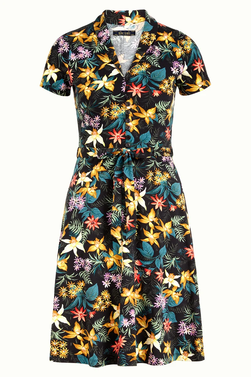 Zwarte jurk met bloemenprint | King Louie Emmy dress santa Lucia black