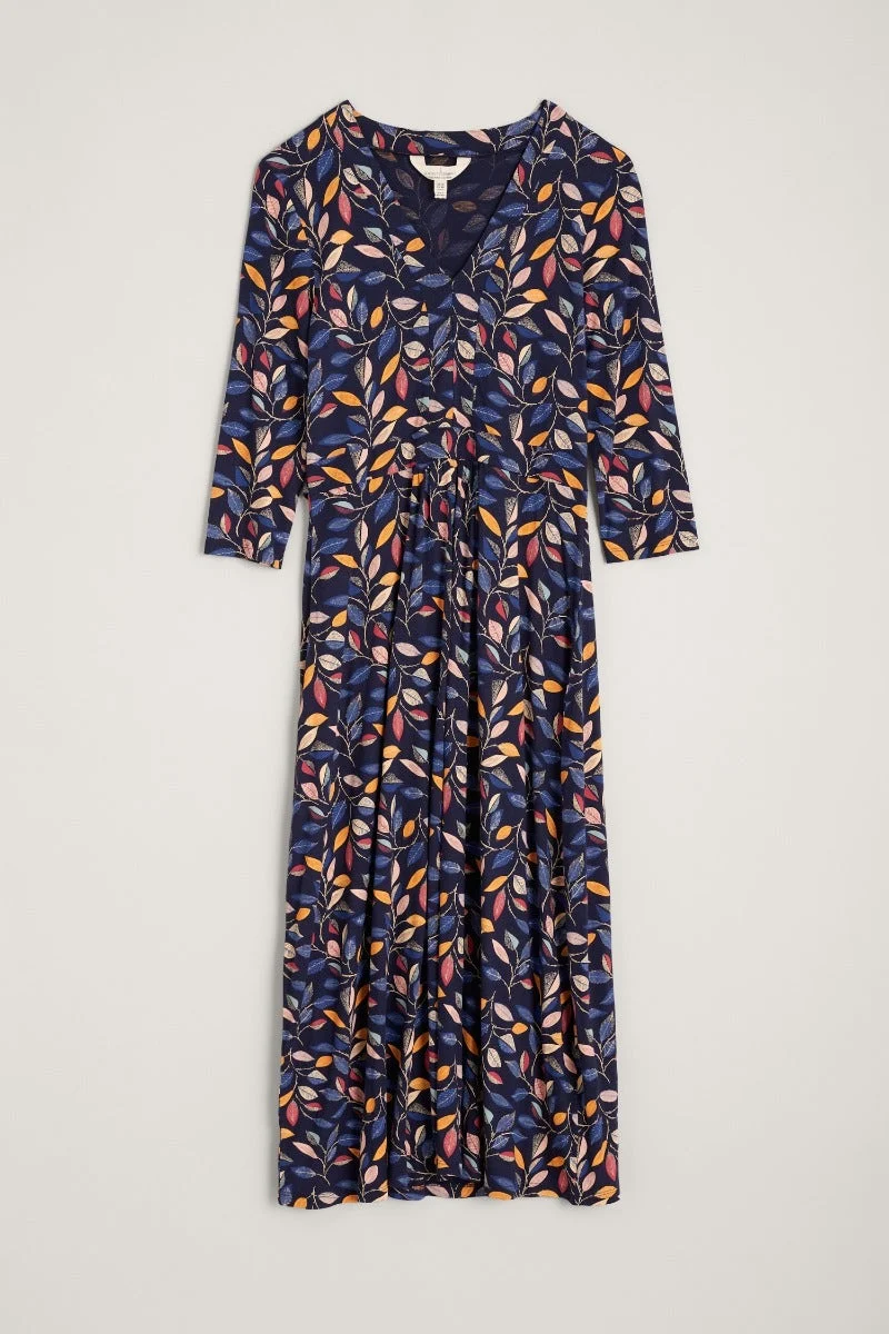 Lange jurk met bladerenprint | Seasalt Cornwall 3/4 Quinn dress II mid century leaves mix