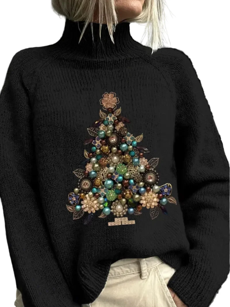Dames Kersttrui met Hoge Kraag en Luxe Print