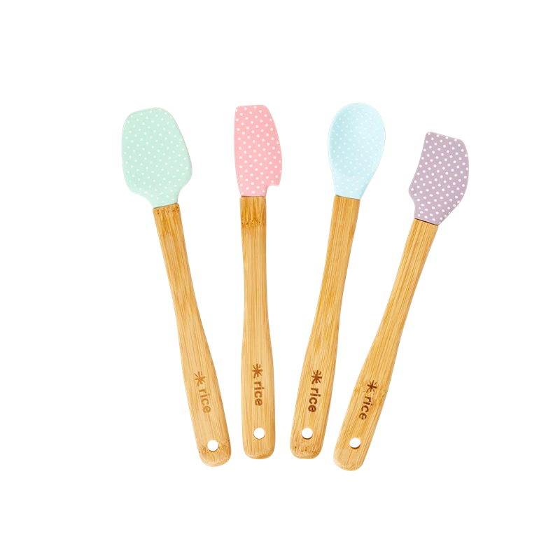 Rice silicone scrapers with bamboo handle in assorted colors and white dots