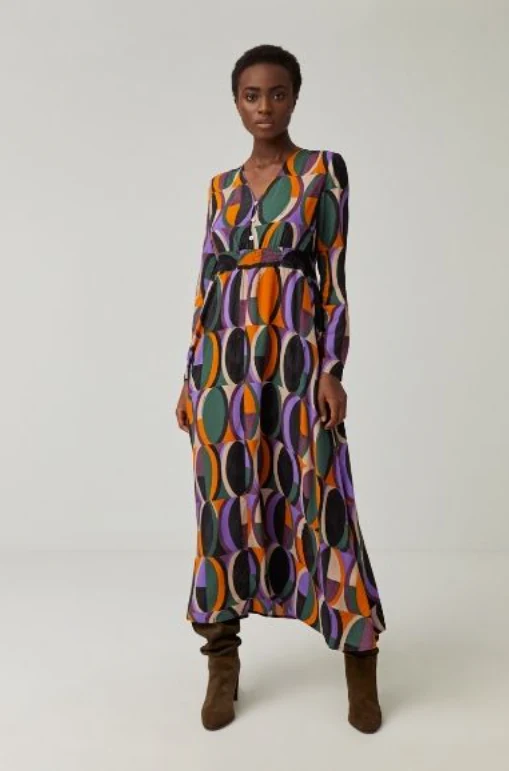 Jurk met elastische tailleband | Surkana Long-sleeved v-neck dress green