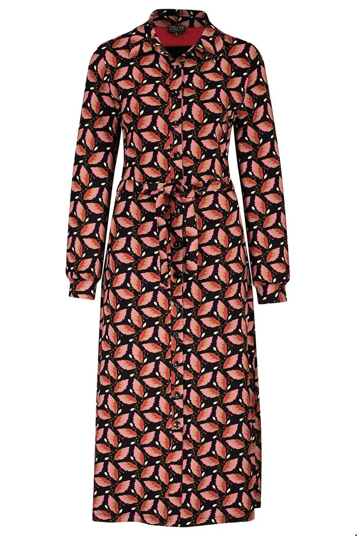 Zwarte jurk met bladerenprint | Zilch dress polo autumn black