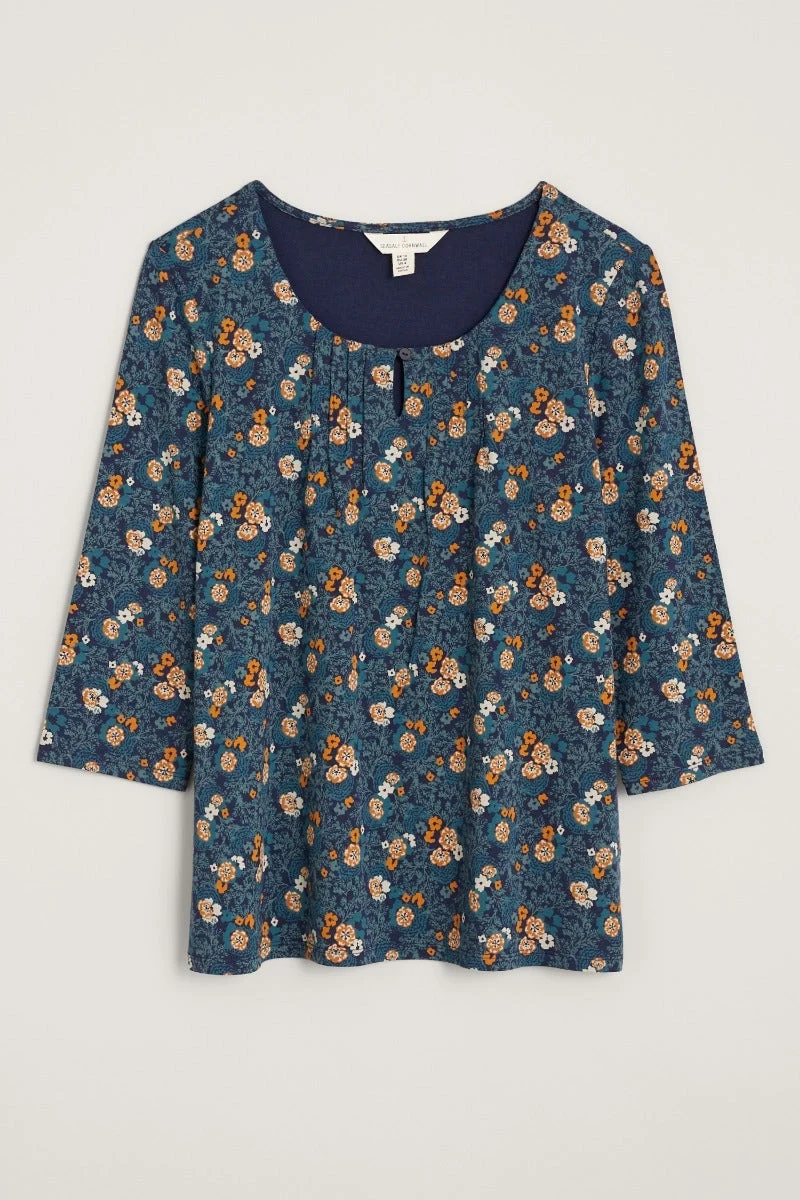 Blauwe top met bloemenprint | Seasalt Cornwall needle point top lichen drift maritime