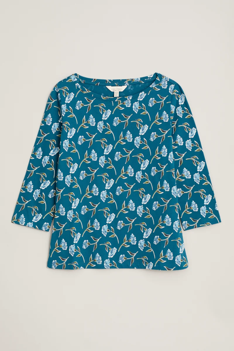 Blauwe top met boothals | Seasalt Cornwall 3/4 easel top cloudy carnations dark eden