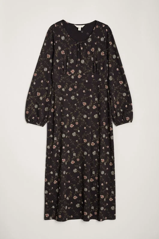 Zwarte empire jurk met bloemenprint | Seasalt Cornwall bluebell glade dress campion sketch onyx