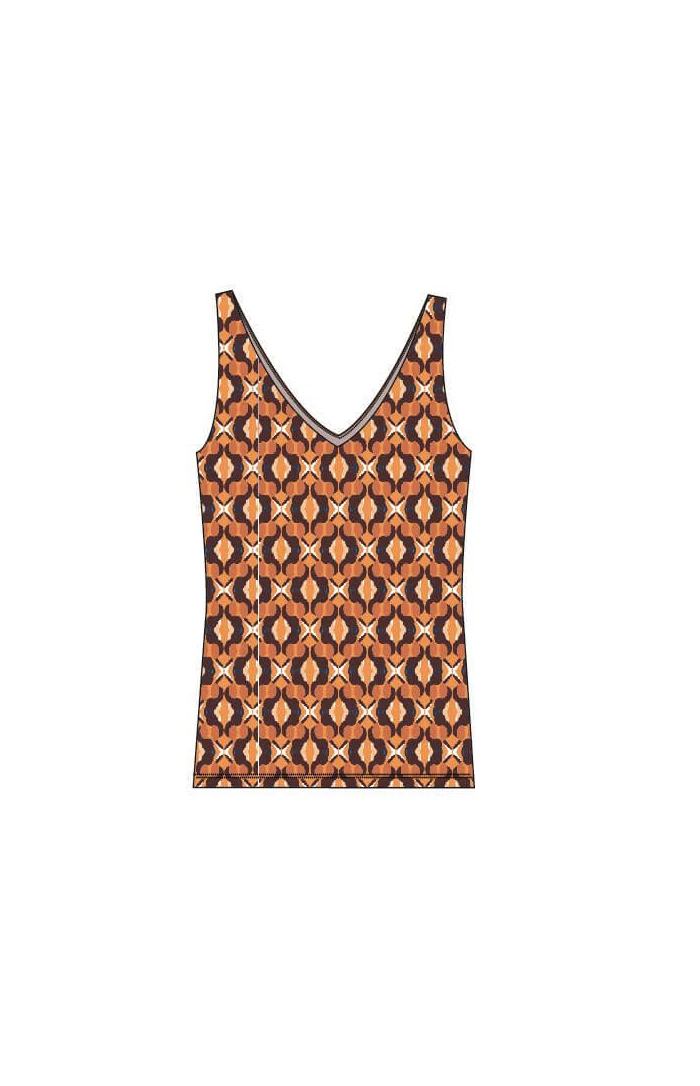 Oranje top met retro print | Surkana V-neckline top orange