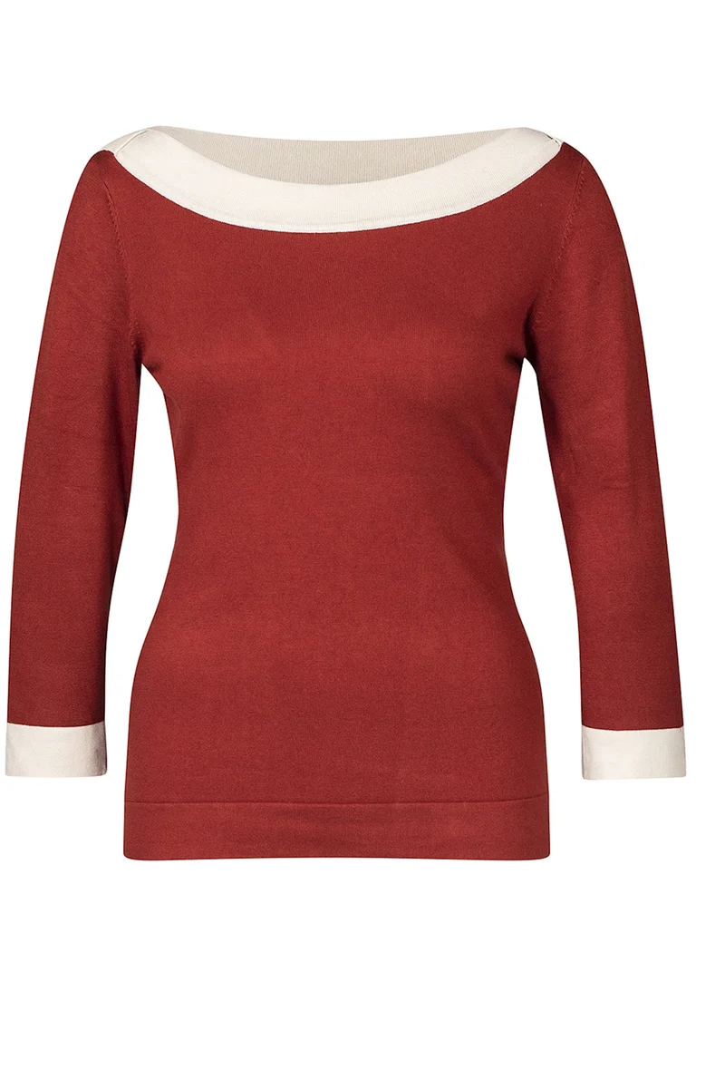 Kastanjebruine top met witte boord | Zilch sweater boatneck pepper multi
