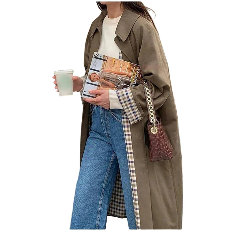 Dames Lange Trenchcoat met Rastervoering