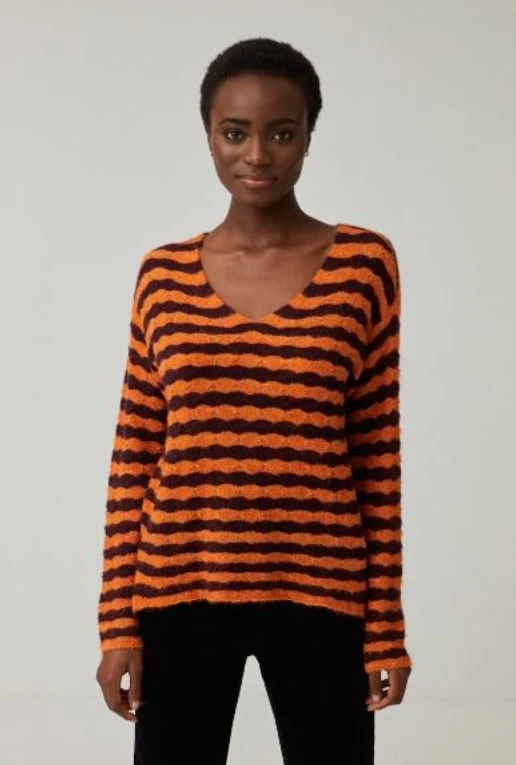 Oranje gestreepte top | Surkana Long sleeve v-neck striped jumper