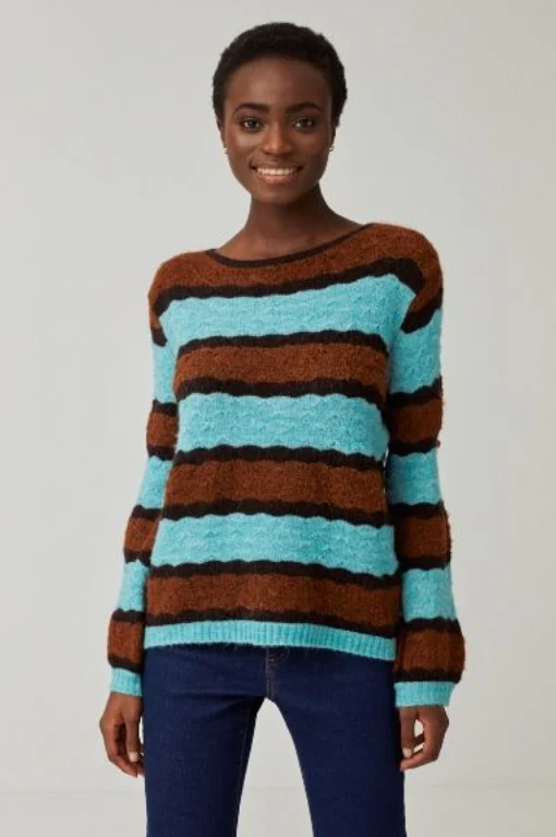 Blauw met bruin gestreepte trui | Surkana Striped boat neck jumper M/L brown