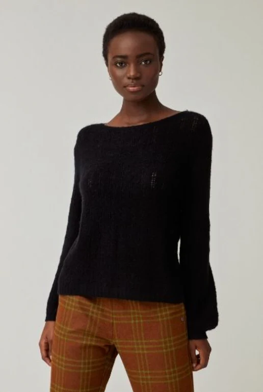 Zwarte trui met boothals | Surkana Boat neck pointelle jumper M/L black