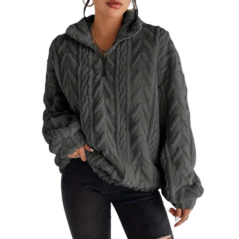 Dames Fleece Trui met Halve Zip en Kabelpatroon