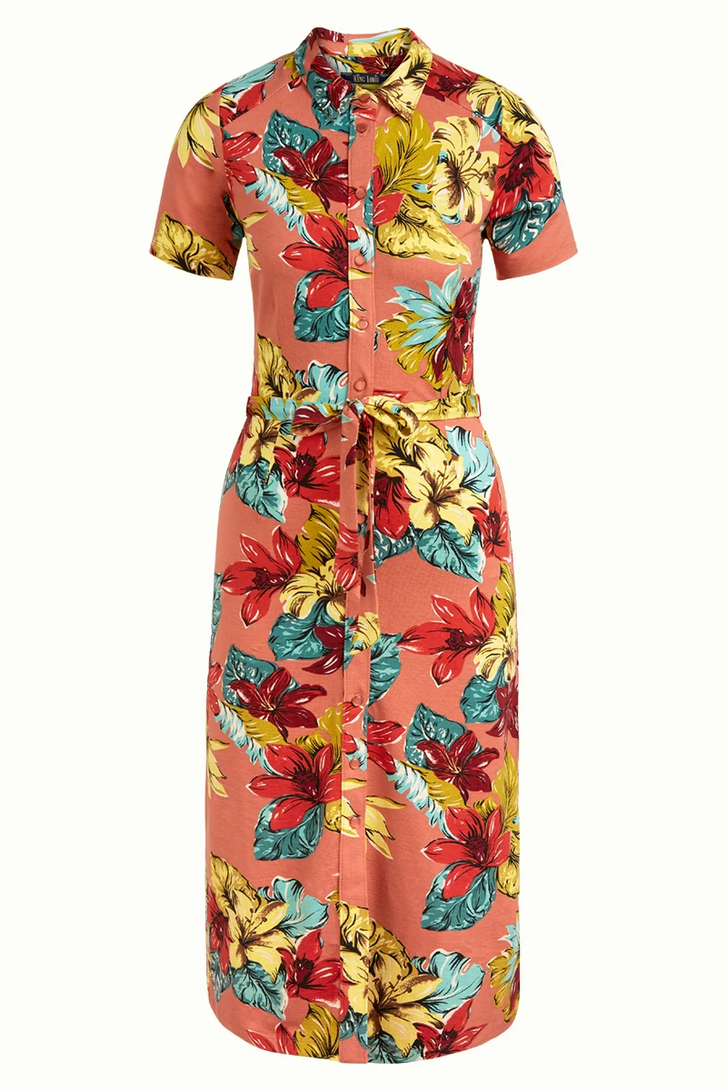 Aansluitende jurk met bloemenprint | King Louie Rosie slim fit dress paraiso apricot pink