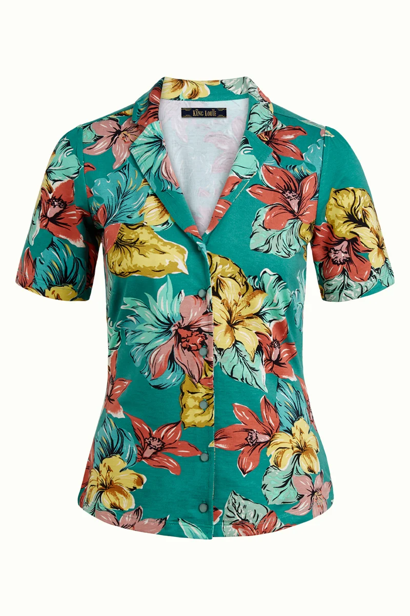 Groene blouse met bloemenprint | King Louie Patty blouse paraiso fir green