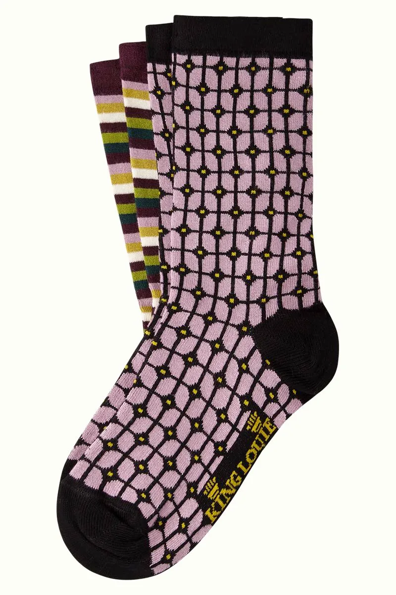 Sokken met streep -en grafische print | King Louie socks 2-pack fudge orchid pink