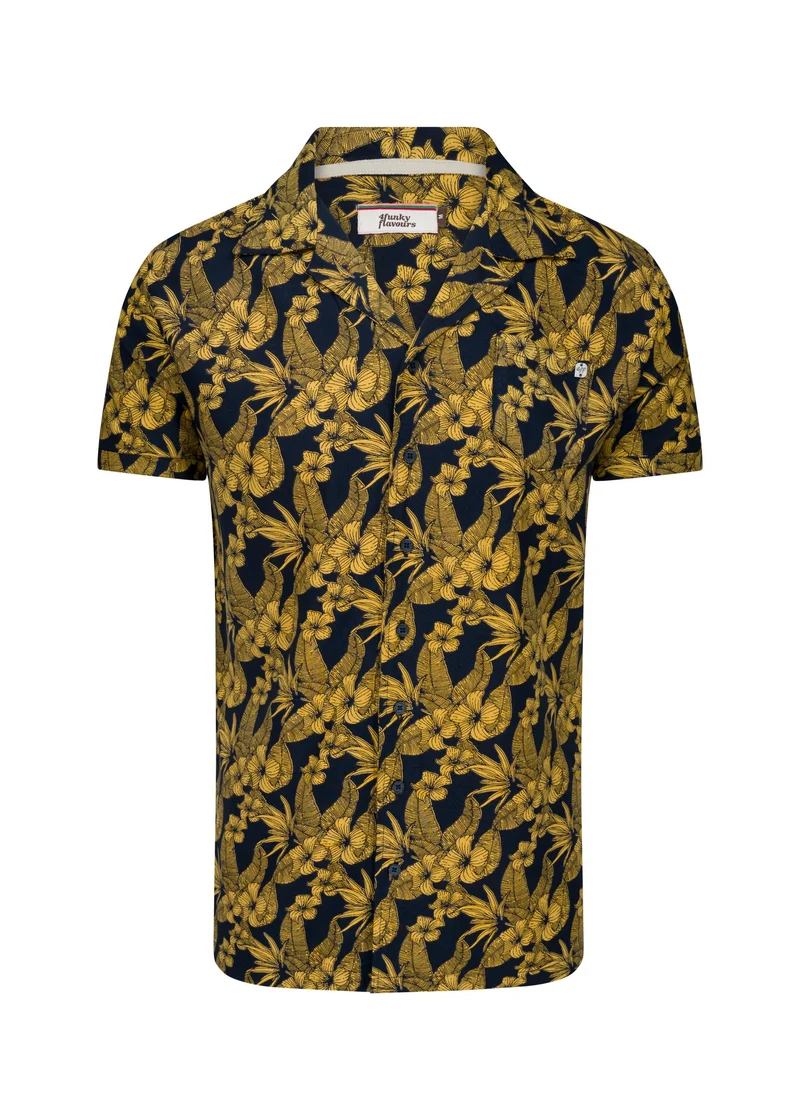 Donkerblauw shirt met gele bloemenprint 4 Funky Flavours Men Feel Me
