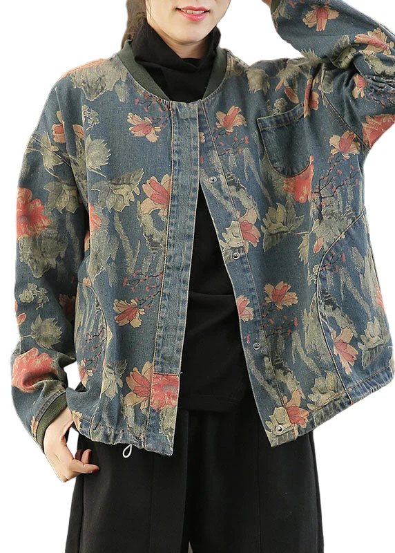 Dames Jas Denim Retro Print Met Knopen