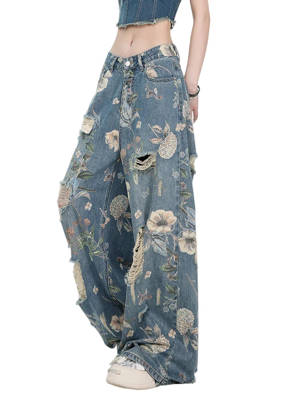 Dames Hoge Taille Denim Broek met Uniek Blauw Patroon