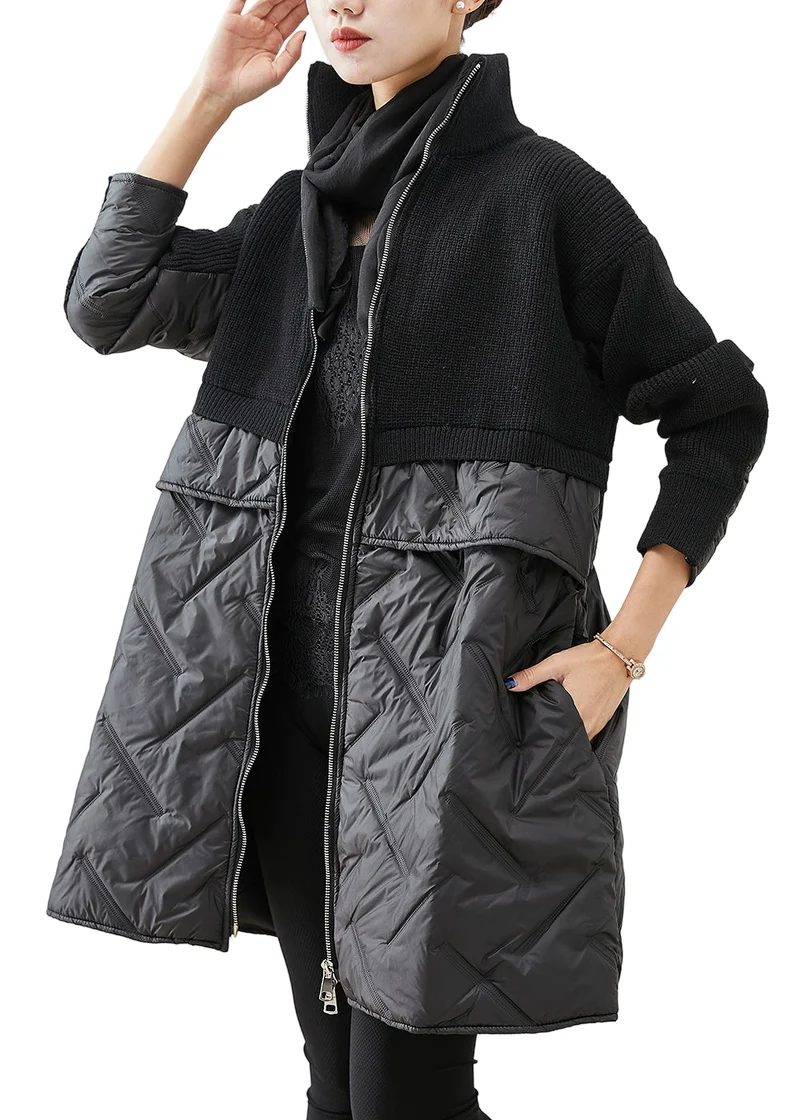Dames Zwarte Gebreide Jas met Rits en Patchwork