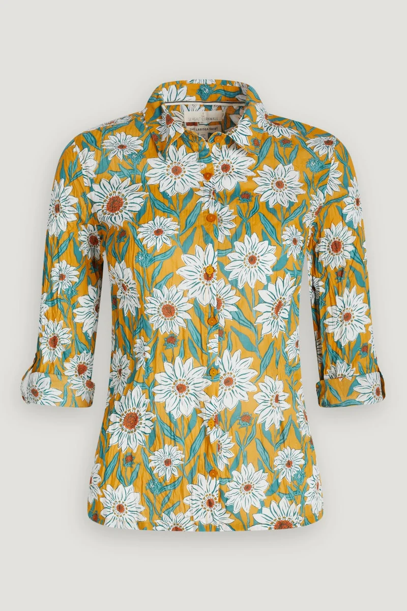 Kreukelblouse met bloemenprint | Seasalt Cornwall Larissa shirt gazania daisies sandstone