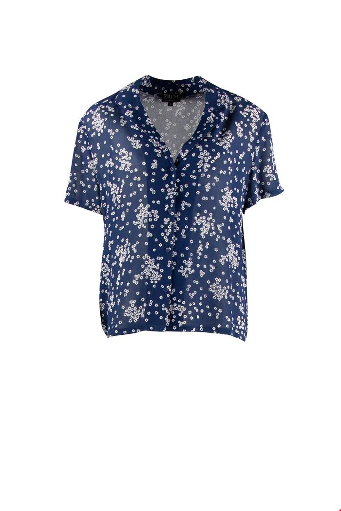Blauwe Doorschijnende Blouse Van Viscose | Zilch Blouse Short Sleeve Daisy Navy