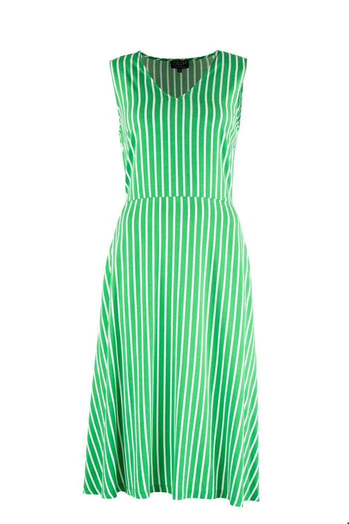 Mouwloze Groene Jurk Van Luchtige Viscose | Zilch Dress Midi Lines Apple