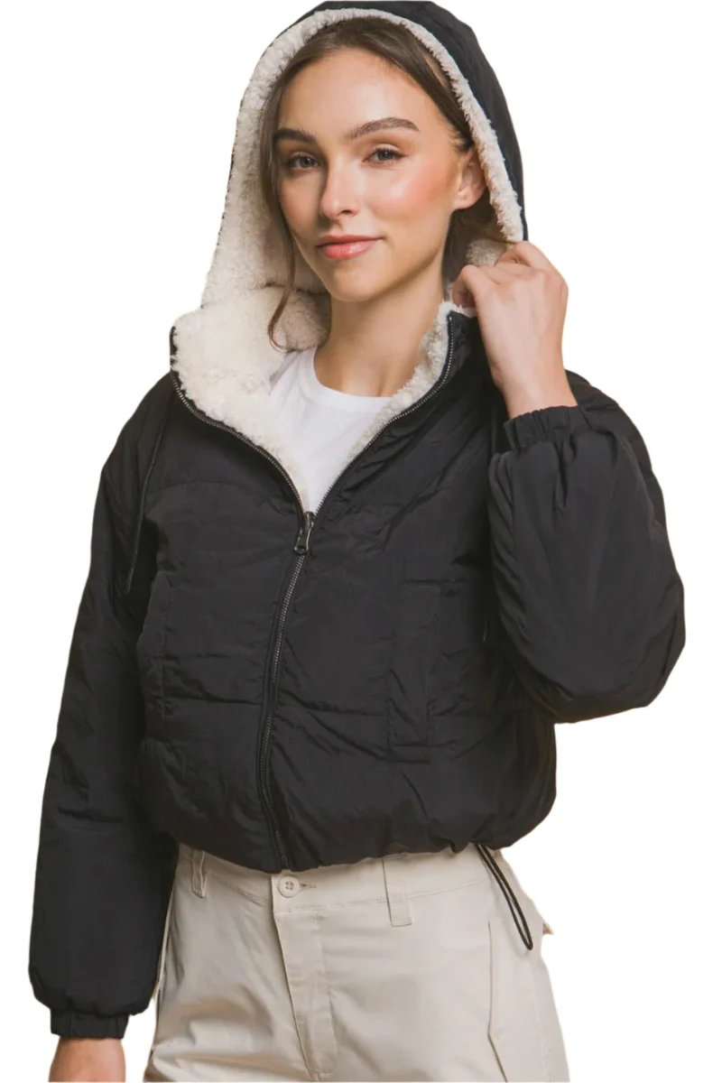 Dames Cropped Hooded Sherpa Omkeerbaar Jasje